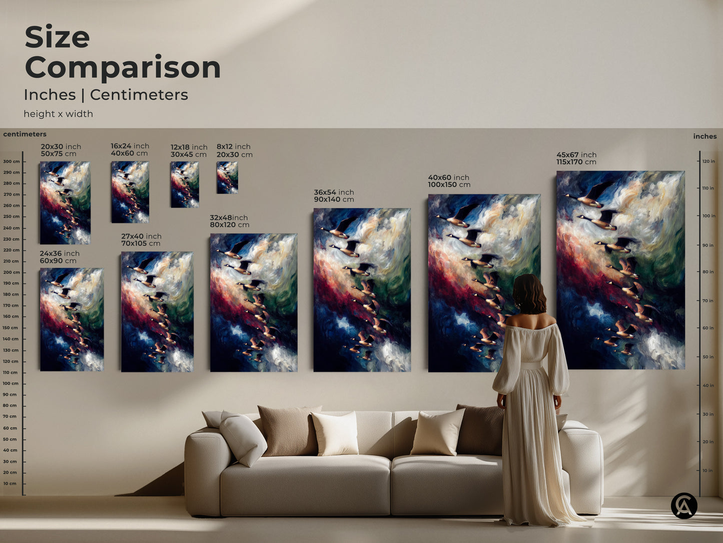 Size comparison of inches and centimeters for abstract geese art. This indigo and blue sky canvas and poster art fits above a couch. Choose your wildlife art for modern home decor.