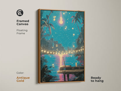 This framed retro piano canvas art is ready to hang. Its antique gold floating frame enhances the artwork. It features palm trees under a teal night sky. Pink accents highlight musical notes creating an eclectic vibe. A perfect musician gift idea. Enjoy coastal music artwork