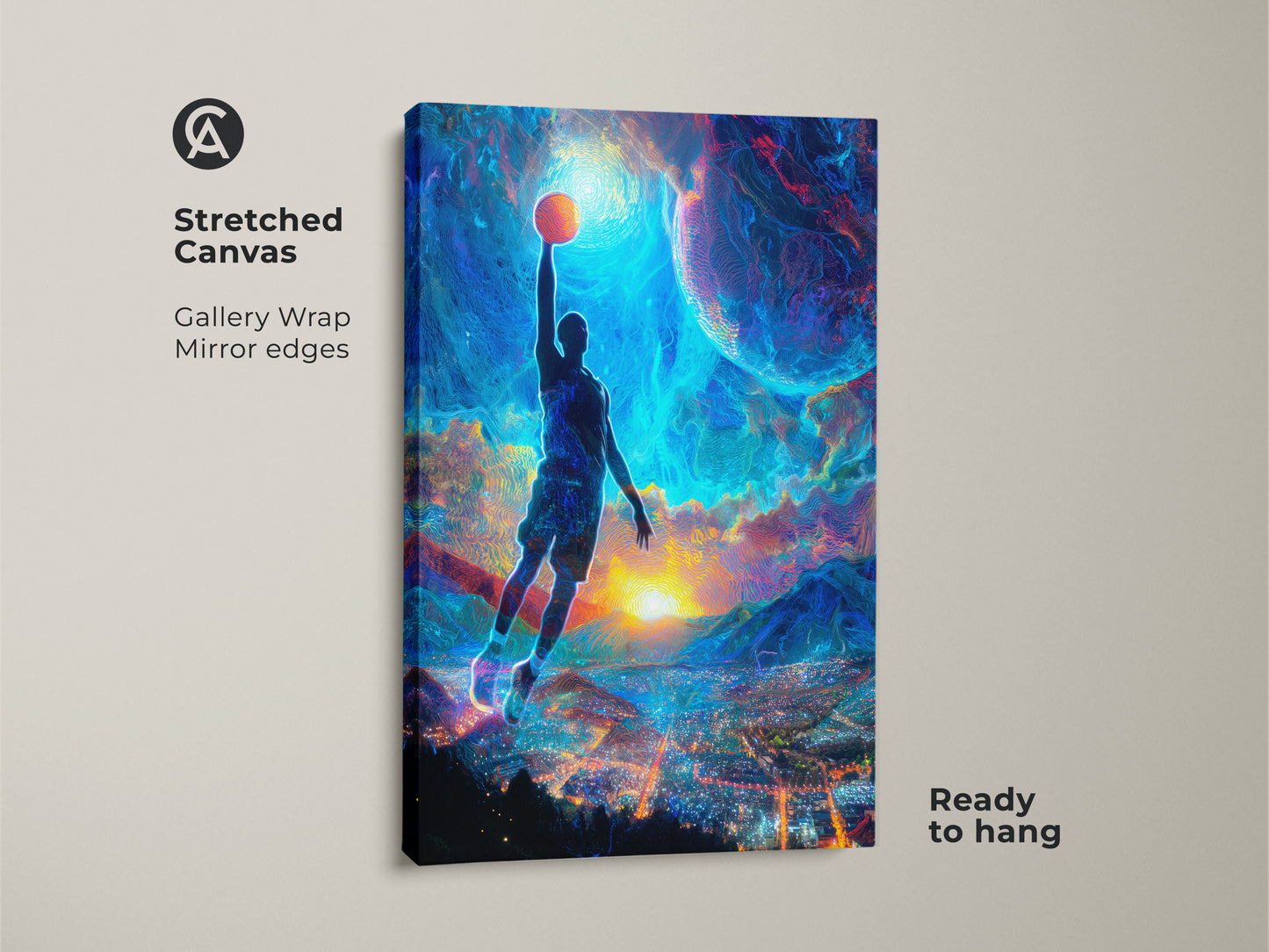 Stretched canvas gallery wrap of a basketball player dunking. The mirror edges enhance this surreal cityscape art. Electric blue and orange hues create a dynamic look. Ready to hang for easy wall decor.