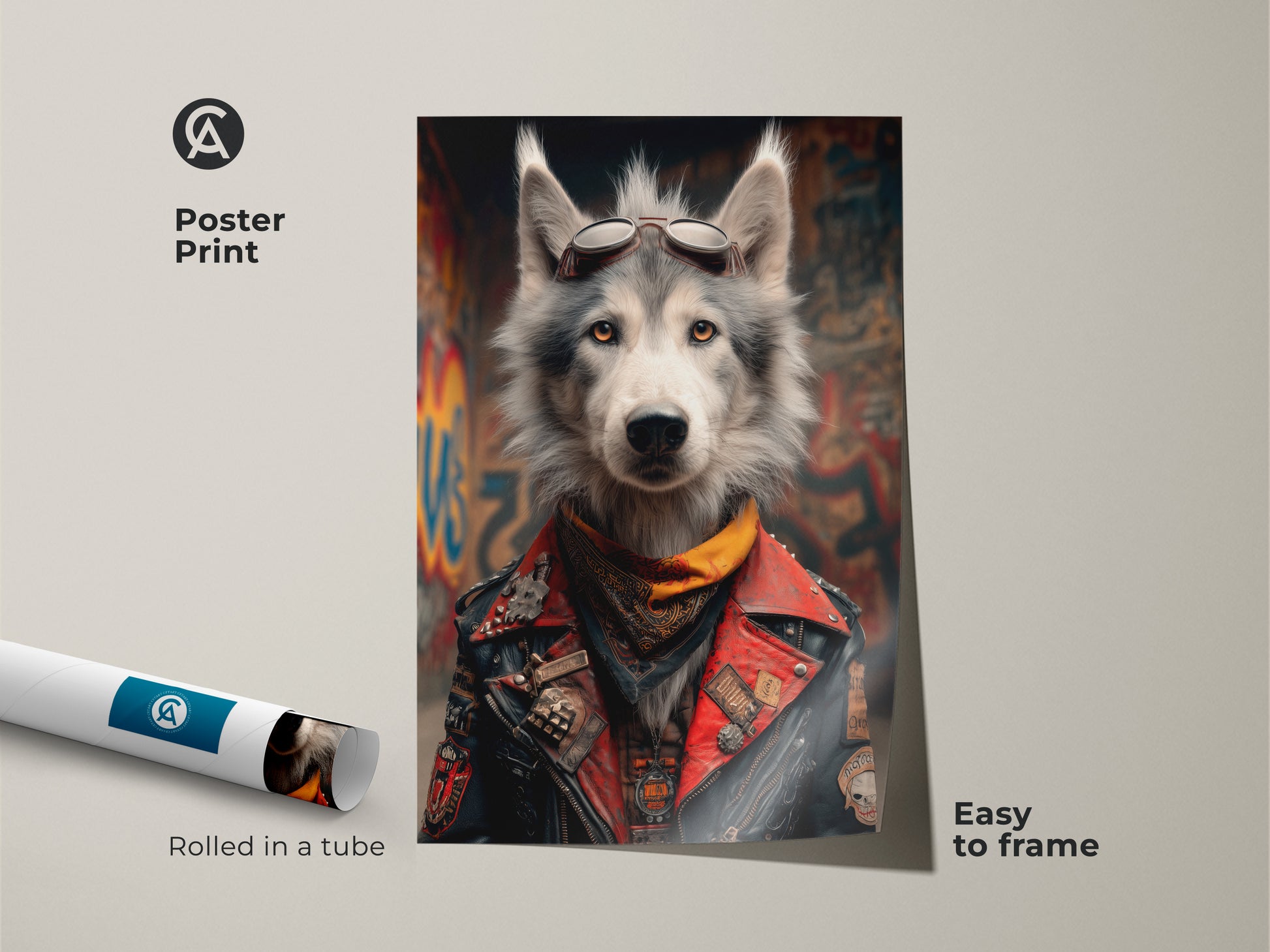This poster print features a cool wolf artwork ideal for any space. The biker style animal art shows a wolf in aviator goggles. It is perfect for framing. This red and grey wolf poster adds a rebellious touch. It's a unique biker gift for men who love street art