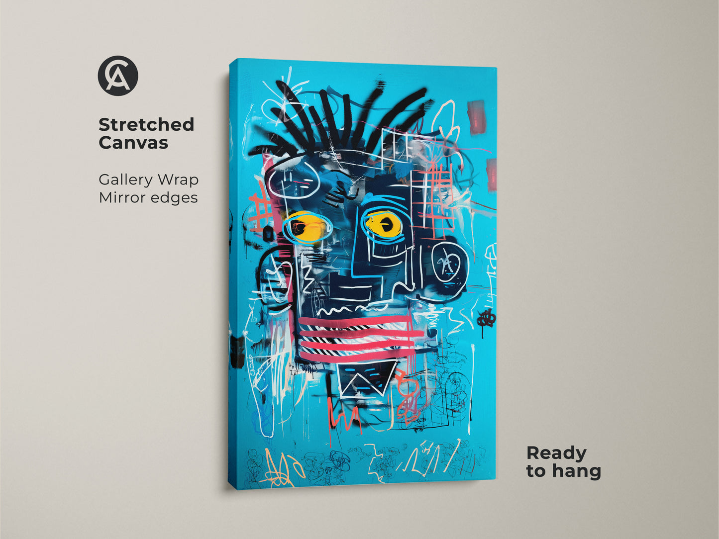 A stretched canvas showcasing an abstract face art print. The turquoise blue background complements the black graffiti style. This eclectic neo-expressionism portrait is ready to hang. This canvas art enhances any wall with its unique and modern look. Get this striking piece now