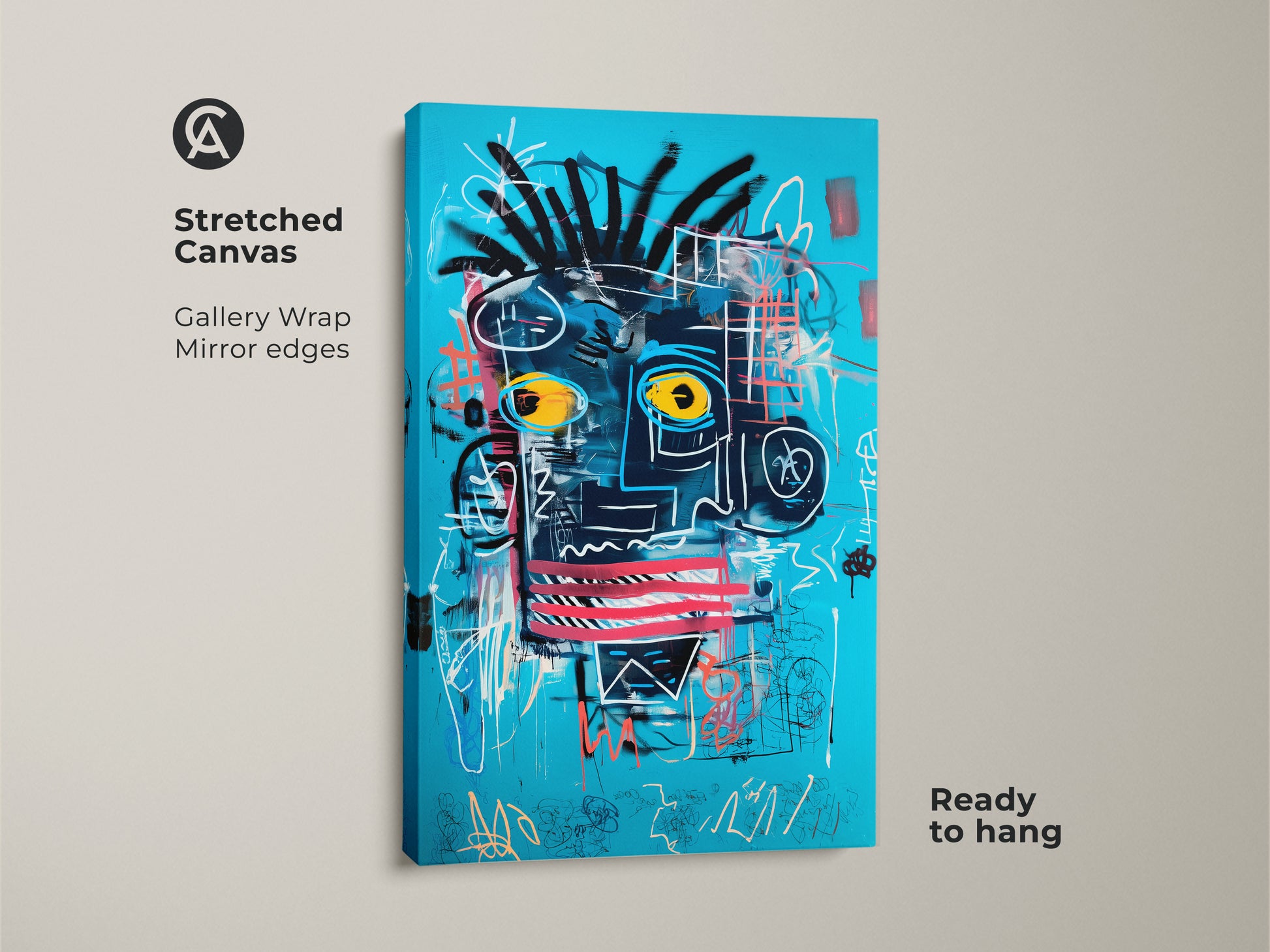 A stretched canvas showcasing an abstract face art print. The turquoise blue background complements the black graffiti style. This eclectic neo-expressionism portrait is ready to hang. This canvas art enhances any wall with its unique and modern look. Get this striking piece now