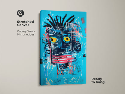 A stretched canvas showcasing an abstract face art print. The turquoise blue background complements the black graffiti style. This eclectic neo-expressionism portrait is ready to hang. This canvas art enhances any wall with its unique and modern look. Get this striking piece now