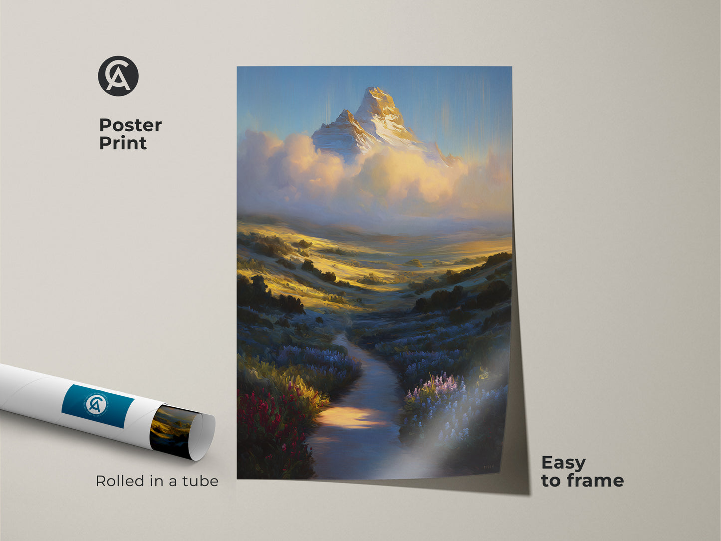 This mountain landscape artwork is an easy to frame poster print. Rolled in a tube this golden yellow sky blue wildflower wall art is perfect. Add rustic nature decor with this impressionist mountain painting.