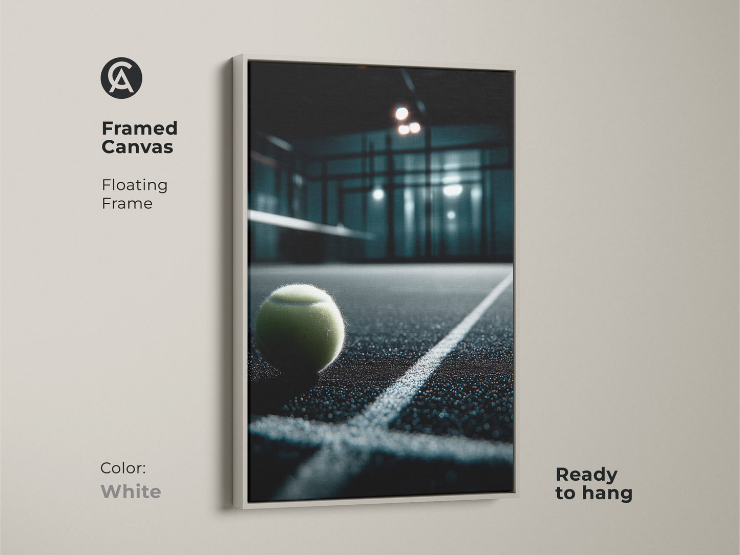 A white framed canvas print showcases a padel tennis ball on the court. The floating frame offers a clean modern aesthetic. Ready to hang this artwork complements any interior style. Decorate your space with this sporty canvas art today.