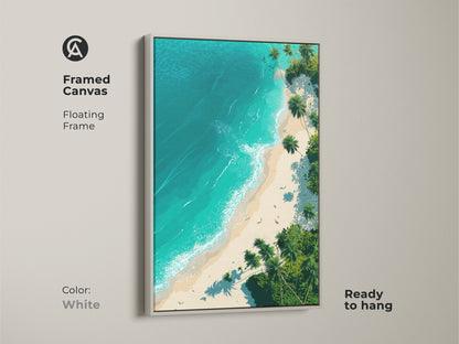 Framed canvas print featuring a tropical beach scene with a floating frame. This beach artwork showcases turquoise waters and swaying palm trees. Ready to hang this piece adds a refreshing coastal touch to your home decor. The frame color is white.