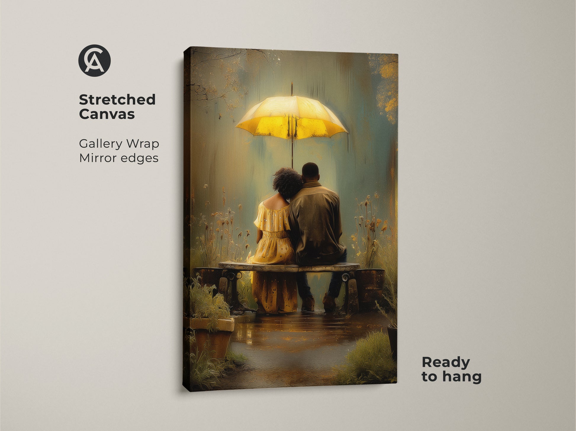 Stretched canvas gallery wrap featuring a couple under a yellow umbrella. This romantic rainy day canvas artwork is ready to hang. The bohemian wall art decor makes a great anniversary gift for a couple. The yellow teal art print creates a cozy bedroom decor.