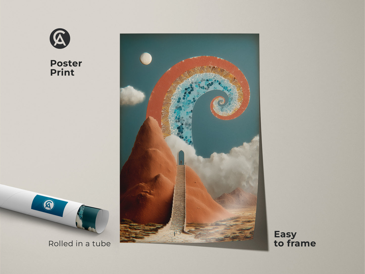 Abstract Stairway to Archway Poster Print rolled and easy to frame. The surreal terracotta and blue spiral artwork brings a spiritual vibe. Perfect as a new beginning art print. An Eclectic touch for any space. Enhance your office or study with this unique landscape.