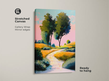 Stretched canvas of yellow green rolling hills. This nature path wall art adds an artistic touch to any space. The impressionistic landscape artwork features vibrant colors. Perfect for eclectic bedroom decor and nature-inspired homes. Ready to hang.