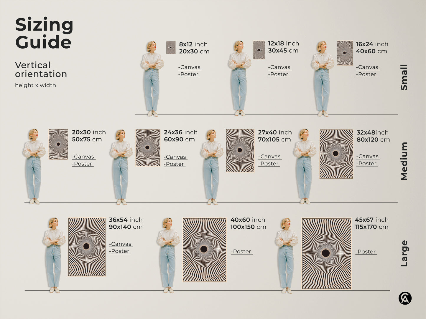 Sizing guide for vertical abstract geometric canvas and poster prints. Visual representation of 8x12 to 45x67 inch artworks. Perfect for minimalist home decor. Find the ideal size to enhance your space now.