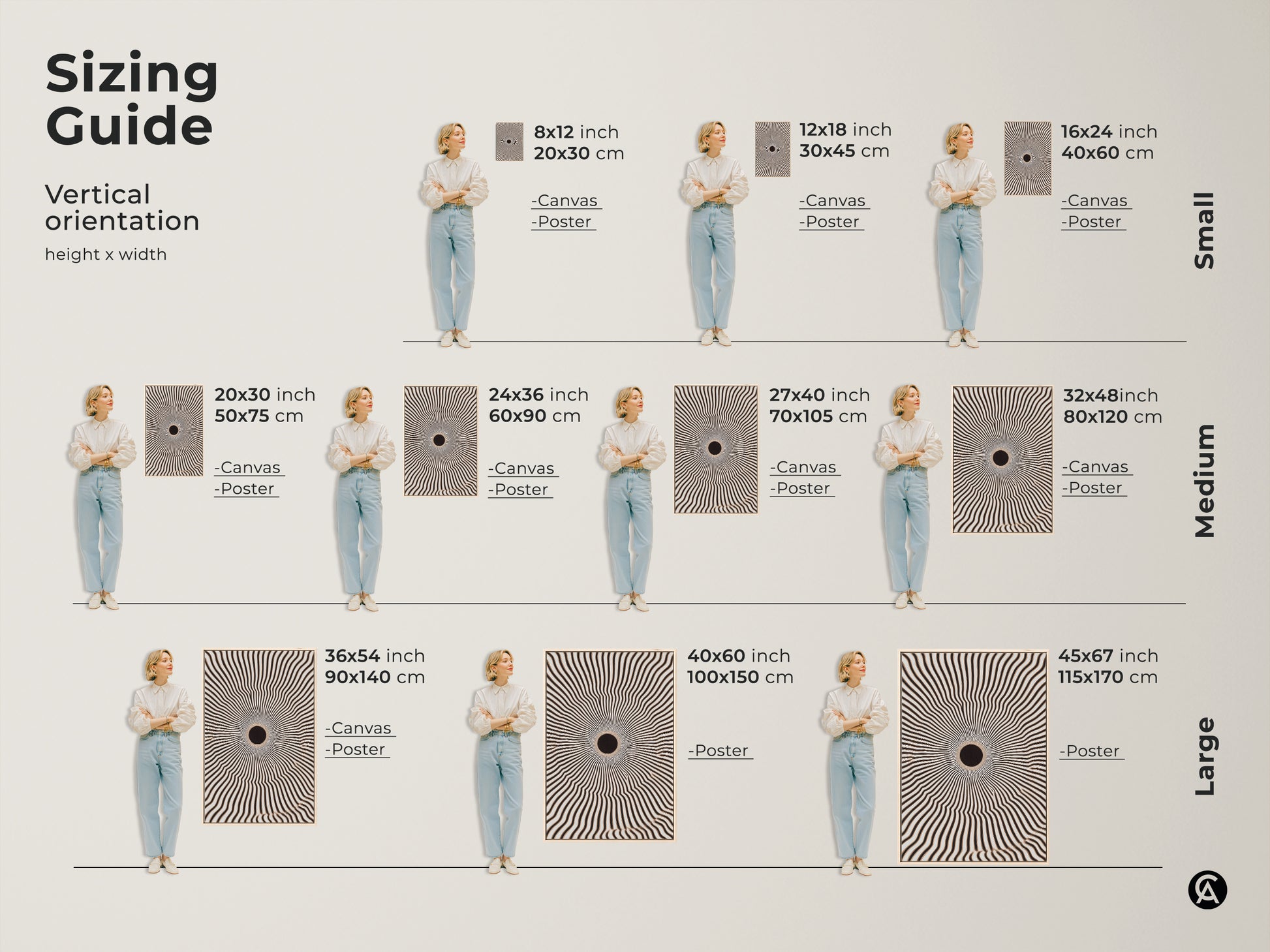 Sizing guide for vertical abstract geometric canvas and poster prints. Visual representation of 8x12 to 45x67 inch artworks. Perfect for minimalist home decor. Find the ideal size to enhance your space now.
