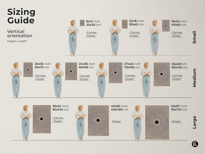 Sizing guide for vertical abstract geometric canvas and poster prints. Visual representation of 8x12 to 45x67 inch artworks. Perfect for minimalist home decor. Find the ideal size to enhance your space now.