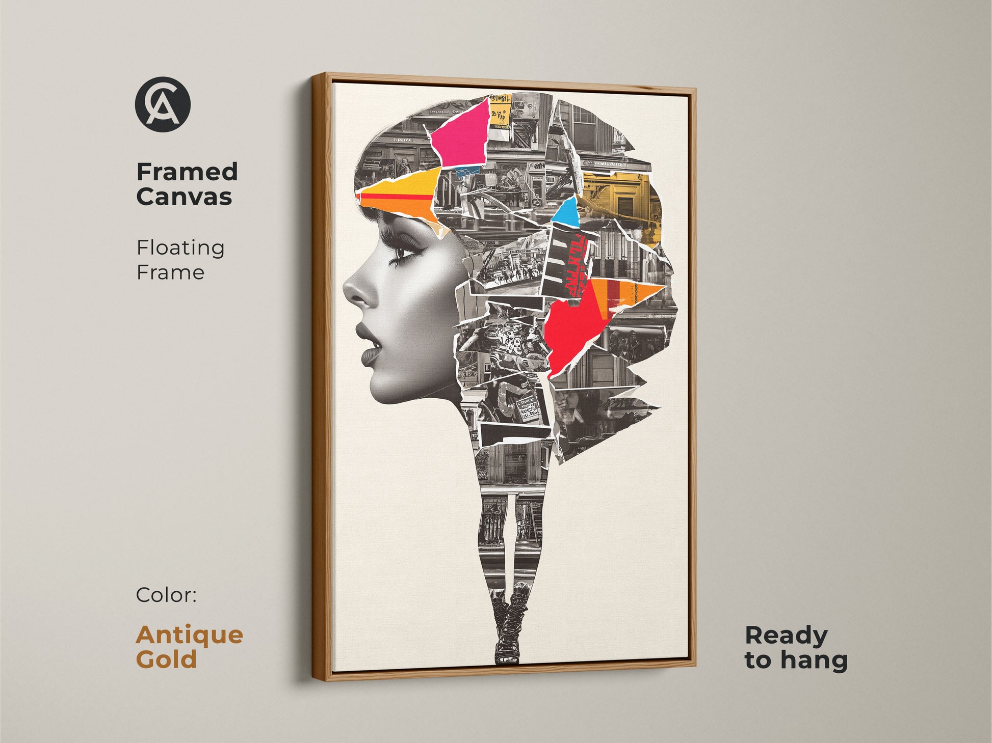 Framed Canvas showcasing an Abstract Woman Portrait. The antique gold floating frame enhances the urban collage mixed media artwork. Crimson and cobalt blue colors add a contemporary touch. This modern art print is ready to hang.