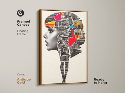 Framed Canvas showcasing an Abstract Woman Portrait. The antique gold floating frame enhances the urban collage mixed media artwork. Crimson and cobalt blue colors add a contemporary touch. This modern art print is ready to hang.