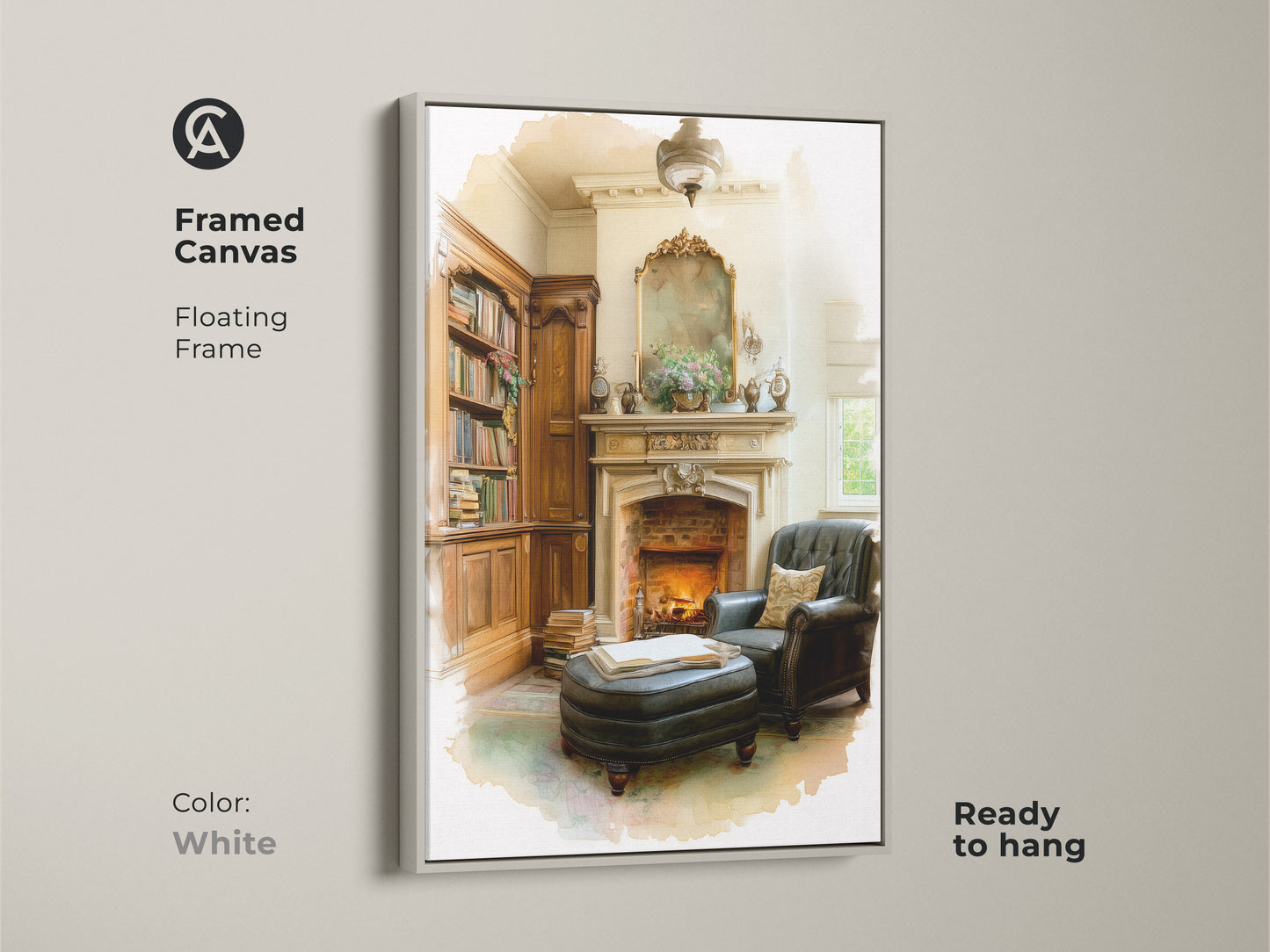 Framed canvas displaying a cozy library scene with fireplace and armchair. White floating frame. Ready to hang and blends seamlessly with any decor. Ideal neutral study wall decor for book lovers. Classic wood bookshelf art to bring comfort to any sophisticated living room.