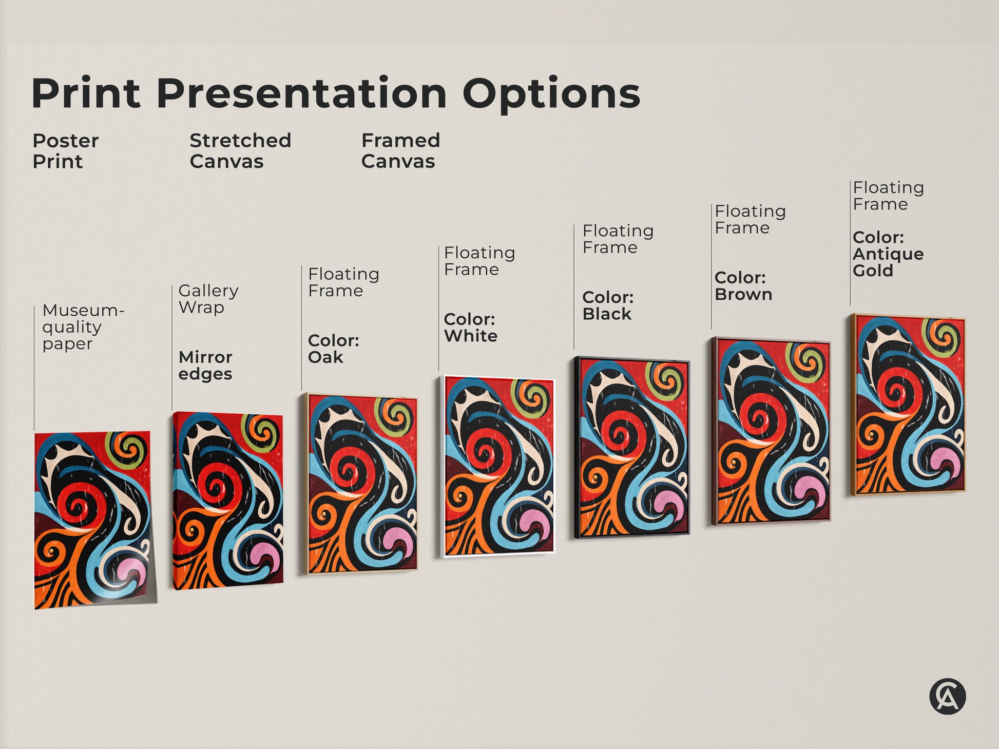 Explore print presentation options. See the abstract geometric art as a poster print stretched canvas and framed canvas. Each art piece features retro swirls in a mid-century modern style. Choose museum-quality paper or gallery wrapped canvas to match your decor needs.