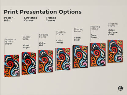 Explore print presentation options. See the abstract geometric art as a poster print stretched canvas and framed canvas. Each art piece features retro swirls in a mid-century modern style. Choose museum-quality paper or gallery wrapped canvas to match your decor needs.