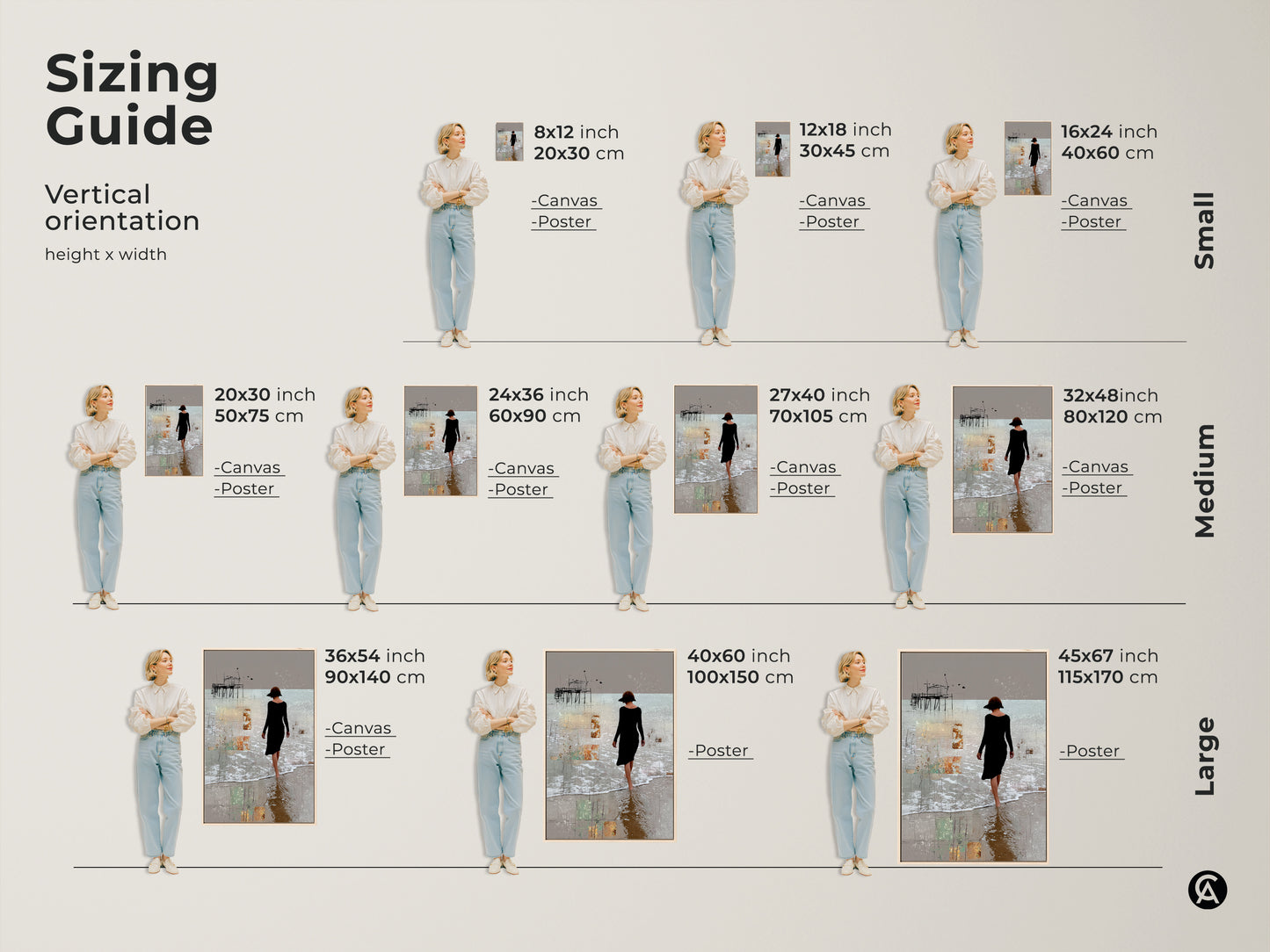 Explore our sizing guide for vertical abstract beach canvas art. Available in small medium and large sizes. This woman figurative print is perfect for various spaces. Find the ideal fit for your minimalist coastal pier decor now.