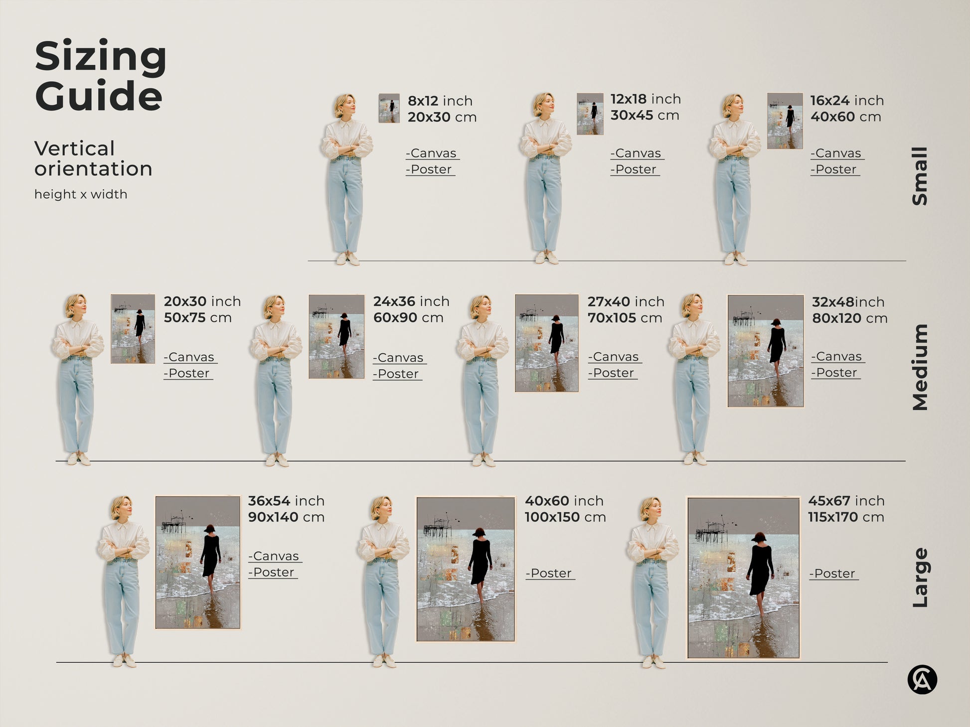 Explore our sizing guide for vertical abstract beach canvas art. Available in small medium and large sizes. This woman figurative print is perfect for various spaces. Find the ideal fit for your minimalist coastal pier decor now.