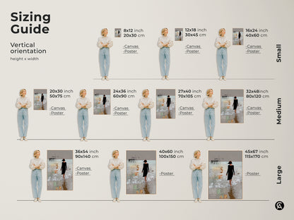 Explore our sizing guide for vertical abstract beach canvas art. Available in small medium and large sizes. This woman figurative print is perfect for various spaces. Find the ideal fit for your minimalist coastal pier decor now.