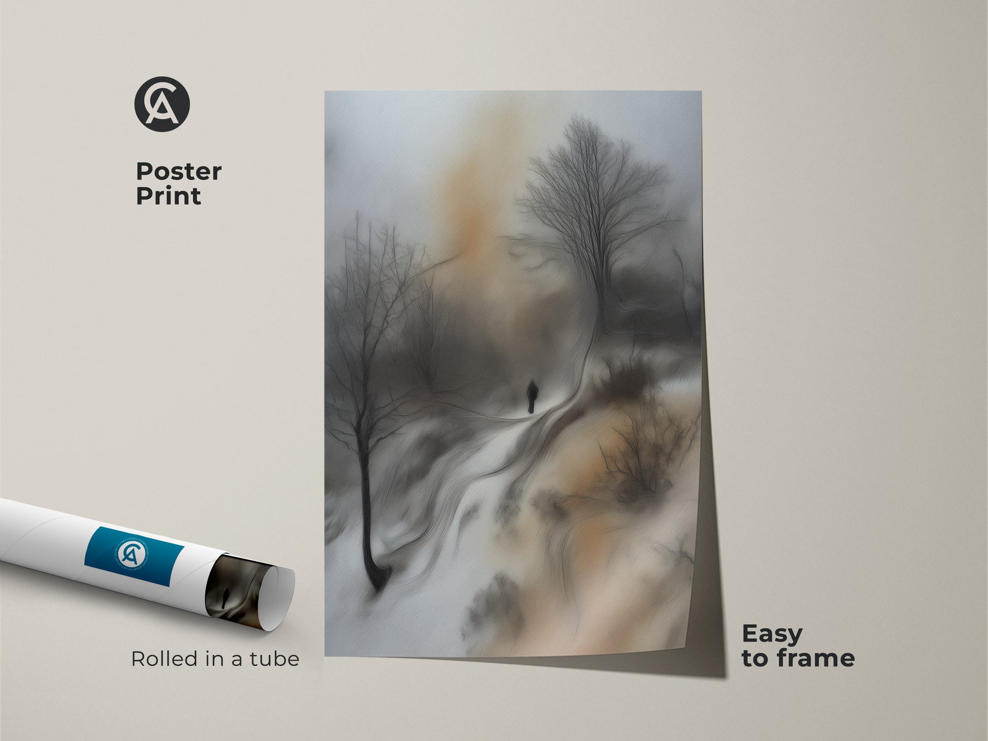 Poster print of an impressionistic winter scene. Solitary figure wall art rolled in a tube for easy framing. Sepia tones and bare trees create a cozy home accent. Unique travel gift idea.