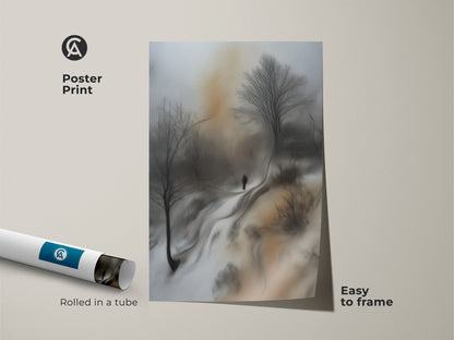 Poster print of an impressionistic winter scene. Solitary figure wall art rolled in a tube for easy framing. Sepia tones and bare trees create a cozy home accent. Unique travel gift idea.