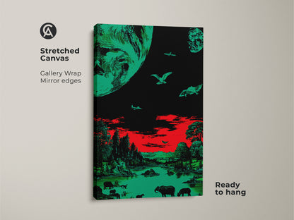 Stretched canvas print with a surreal emerald green and red theme. The artwork shows space earth and wildlife elements in retro sci-fi style. Ready to hang with gallery wrapped mirror edges. It's a unique wall art for eclectic home decor.