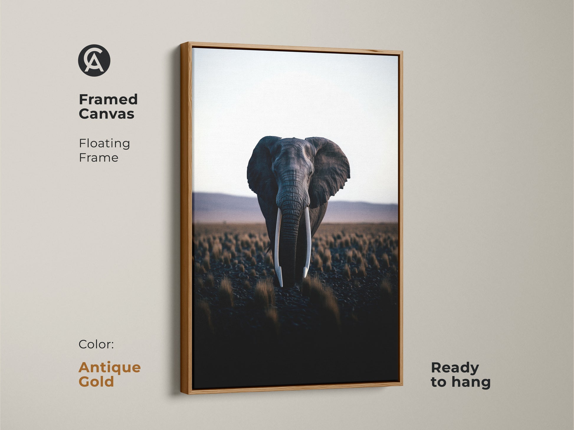 Framed dark gray elephant canvas art with an antique gold floating frame. This modern home decor adds a touch of sophistication. Nature inspired wall art that is ready to hang in any room.