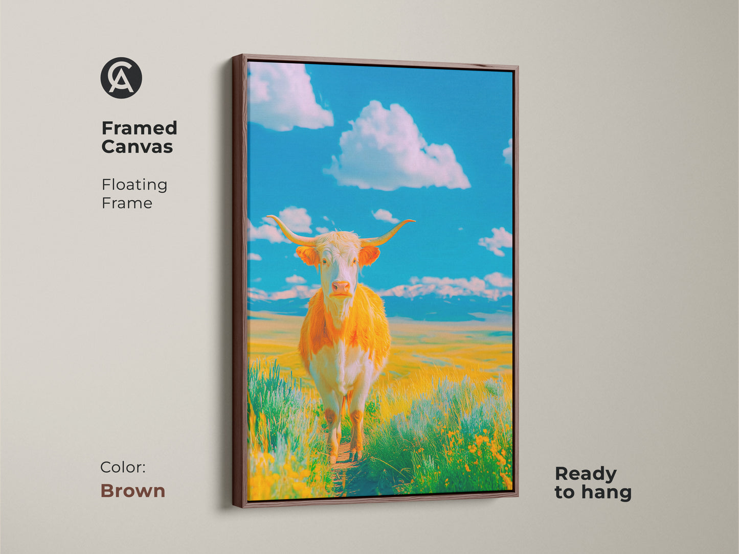 Framed canvas with a brown floating frame. The artwork shows a Longhorn cow standing in a field under a blue sky. White clouds dot the horizon. This ready-to-hang piece brings warmth and style to your space.