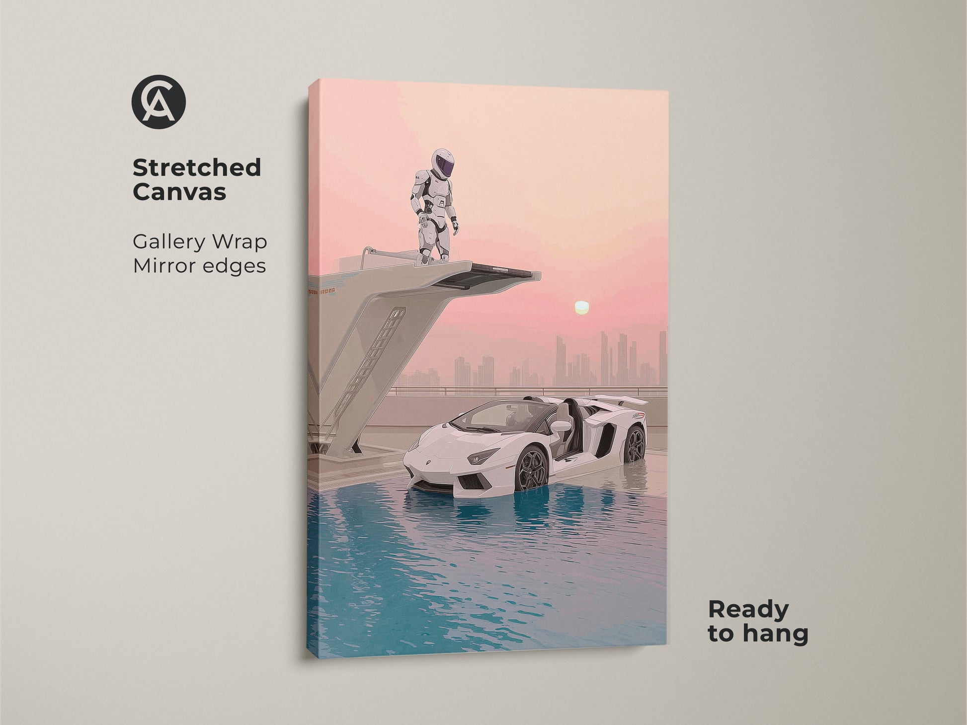Stretched canvas print of a surreal supercar artwork. It showcases a futuristic astronaut art piece with teal pink blue accents. Gallery wrapped with mirrored edges. This sci-fi office decor arrives ready to hang. It is a great gift for car enthusiasts.