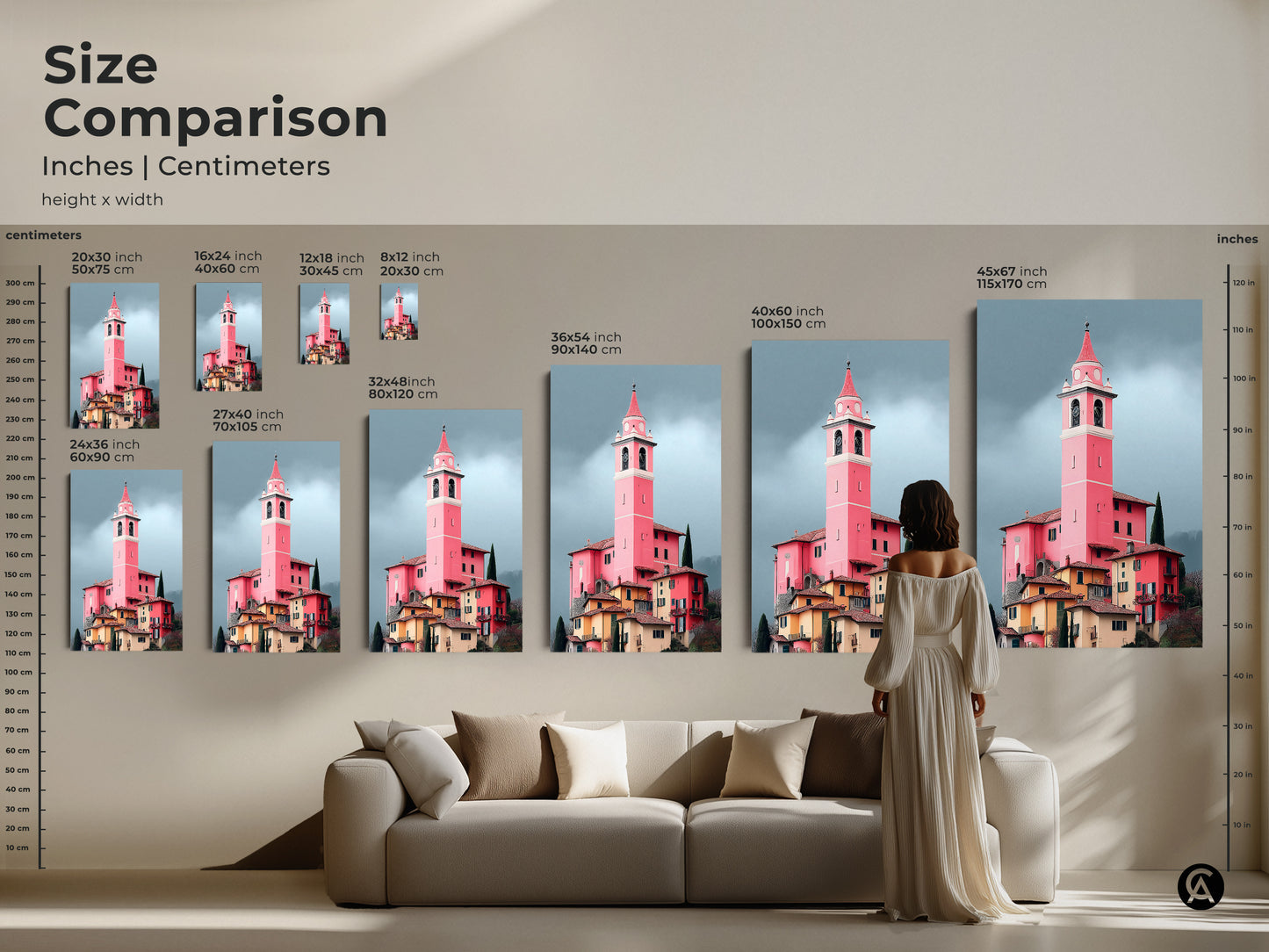 Size comparison featuring European village canvas art in inches and centimeters. See how the artwork complements various spaces. Perfect travel inspired wall decor.
