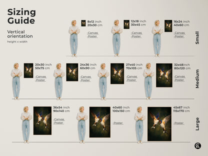 Sizing guide for vertical realistic swallow bird art prints. Available as canvas or poster in sizes from 8x12 to 45x67 inches. Find small medium and large options to fit your space. Perfect for nature wall art decor. Ideal traditional home decor gifts. Choose the right size for your bird lover present idea.