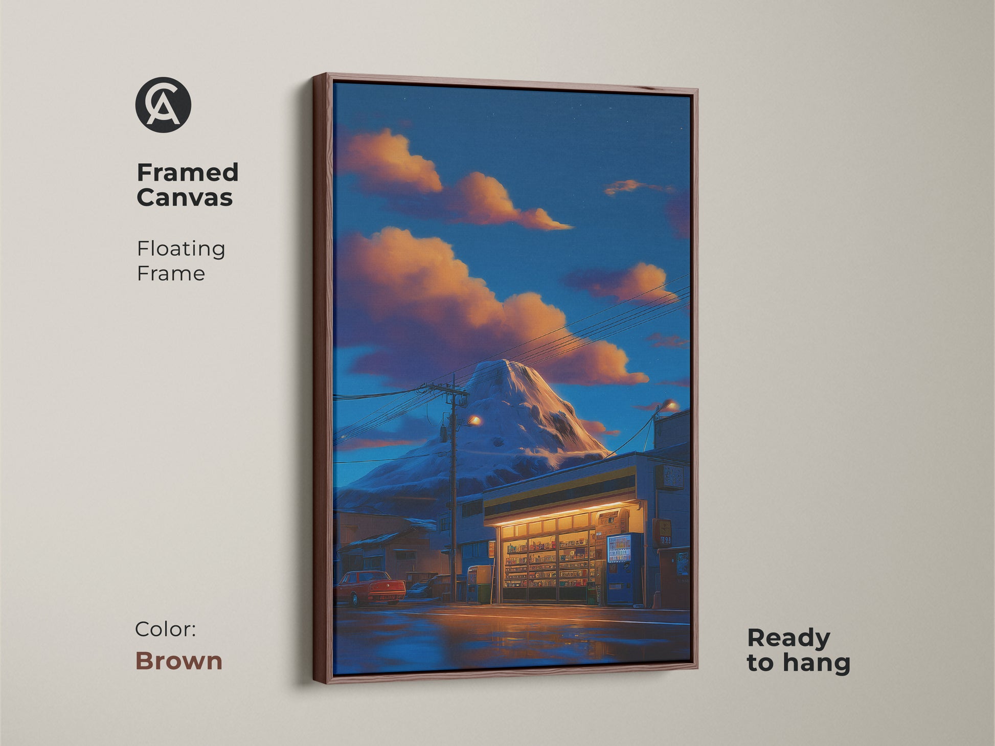 Brown framed canvas art print of a retro anime mountain convenience store. The deep blue and orange Japanese landscape is ready to hang. This floating frame enhances the eclectic artwork. Perfect for anime fans seeking unique bedroom wall art. This piece adds an atmospheric cityscape to any space.