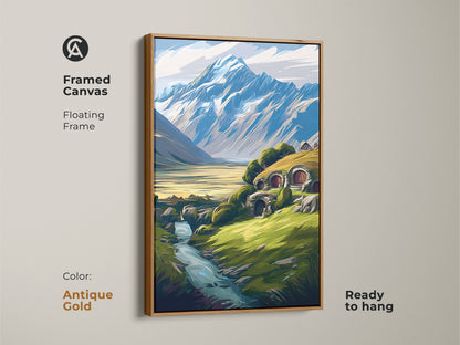 Framed canvas of a fantasy hobbit hole with a floating antique gold frame. The mountain landscape is a serene river canvas. This unique fantasy gift is ready to hang.