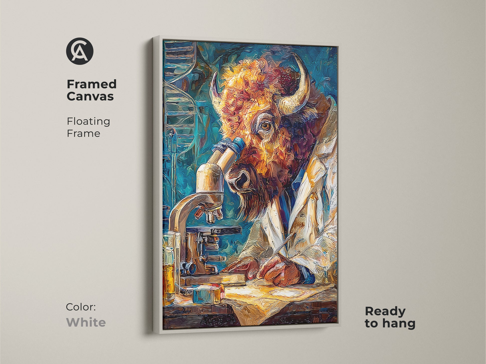 This framed canvas art features a buffalo scientist with a white floating frame. Ready to hang this piece offers a clean and modern aesthetic. Perfect for adding a touch of intellectual curiosity to your wall art. Shop now to refresh your space.