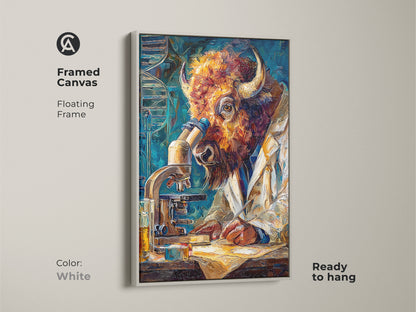 This framed canvas art features a buffalo scientist with a white floating frame. Ready to hang this piece offers a clean and modern aesthetic. Perfect for adding a touch of intellectual curiosity to your wall art. Shop now to refresh your space.