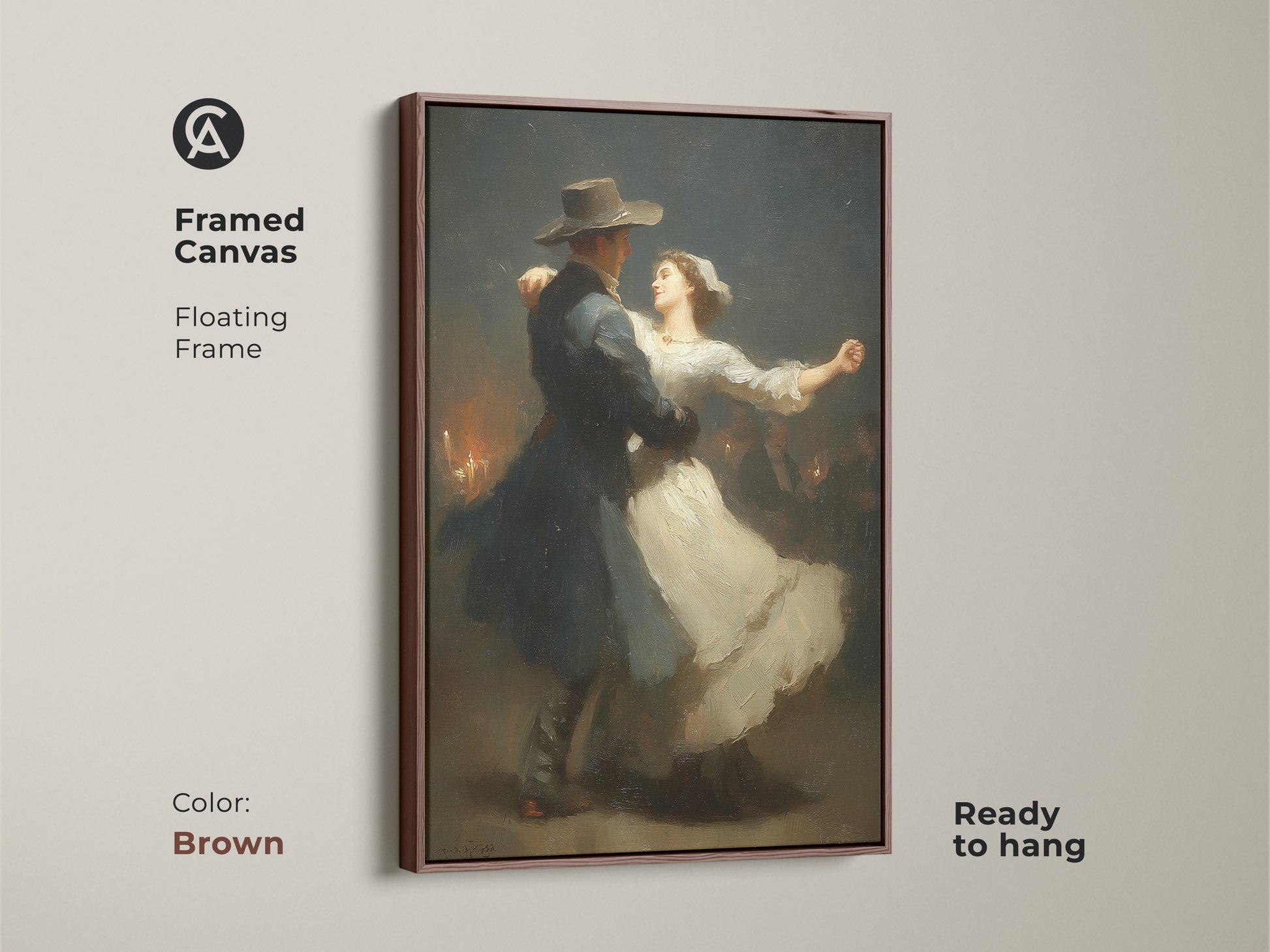Admire the romantic couple dancing art in a framed canvas. The classical Victorian art has a floating brown frame. This dark blue wall art is ready to hang. An ideal anniversary gift for couples. This white romance art enhances romantic home decor.