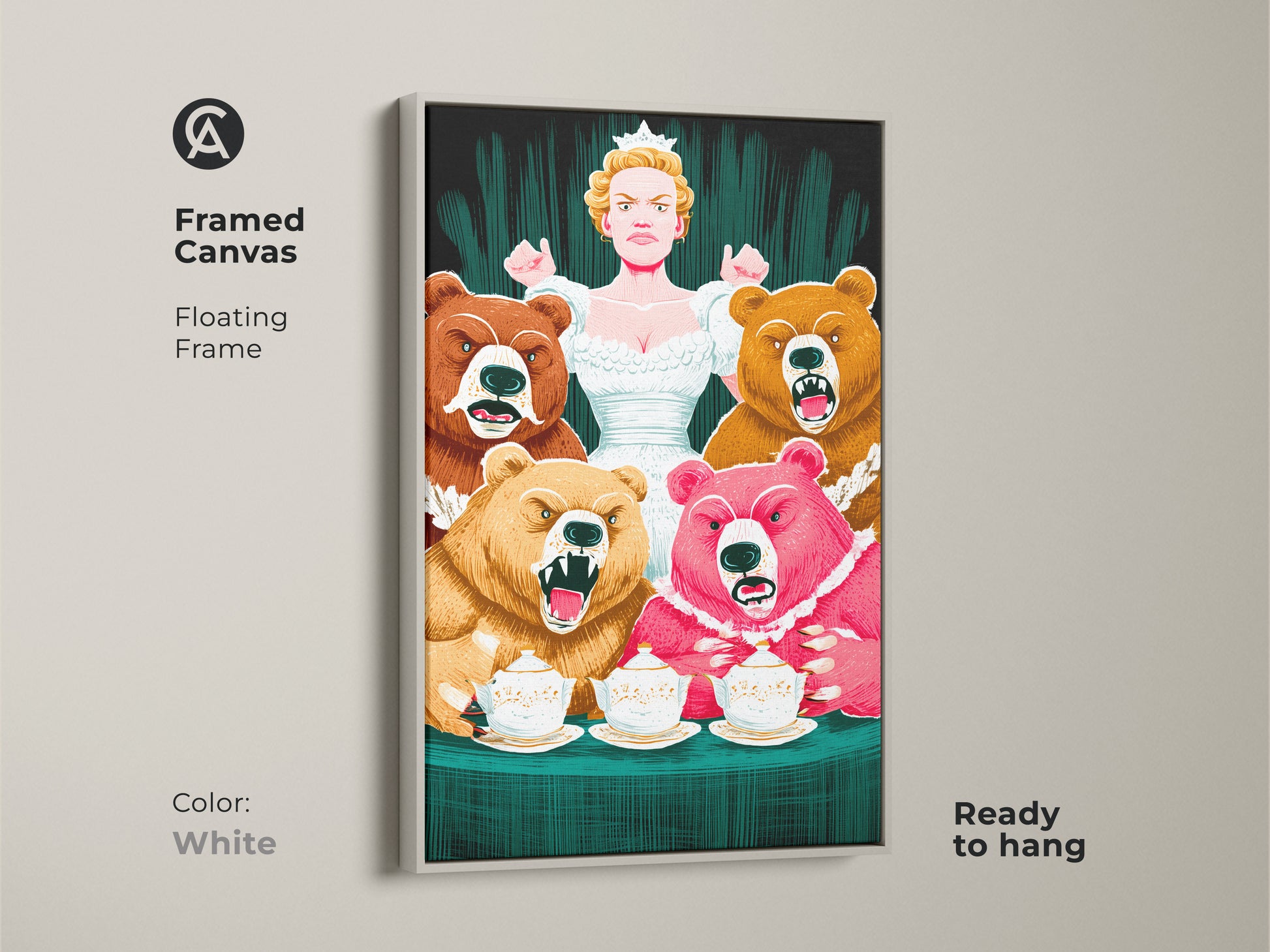 Framed canvas of the Bear Queen art in a white floating frame. Ready to hang this colorful fantasy artwork adds character to any space. Ideal for study room or office decor. Perfect animal themed artwork.