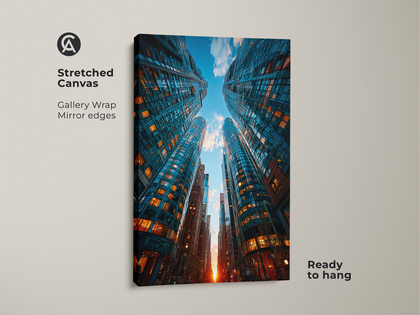 A stretched canvas of a modern cityscape. Blue skyscrapers dominate the scene. Orange windows create a warm contrast. Contemporary urban artwork ready to hang. Gallery wrapped with mirrored edges. Ideal as architectural art for city apartment decor.