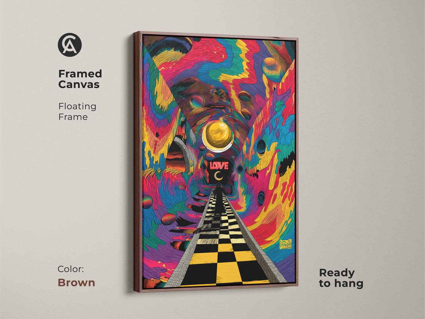 Psychedelic tunnel artwork with an antique gold floating frame. The art has a checkered path leading to the word LOVE. A golden orb floats above in a colorful tunnel. This framed canvas is ready to hang and elevate your decor.