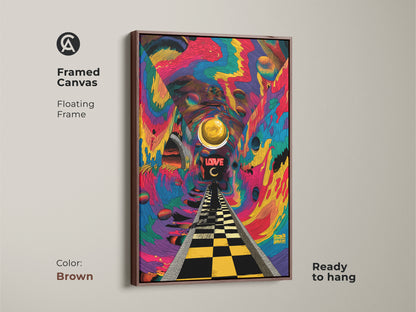 Psychedelic tunnel artwork with an antique gold floating frame. The art has a checkered path leading to the word LOVE. A golden orb floats above in a colorful tunnel. This framed canvas is ready to hang and elevate your decor.