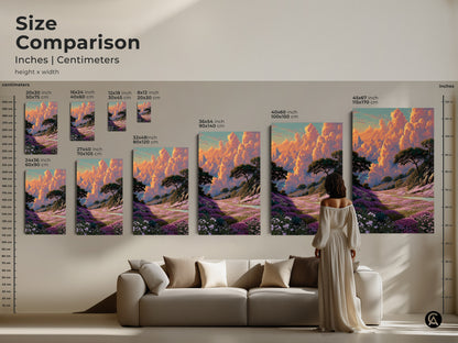 Size comparison of the impressionistic wildflower art print in inches and centimeters. See how the 12x18 inch 36x54 inch and 45x67 inch sizes fit above a sofa. This boho mountain landscape canvas is perfect for any room creating a nature inspired atmosphere.