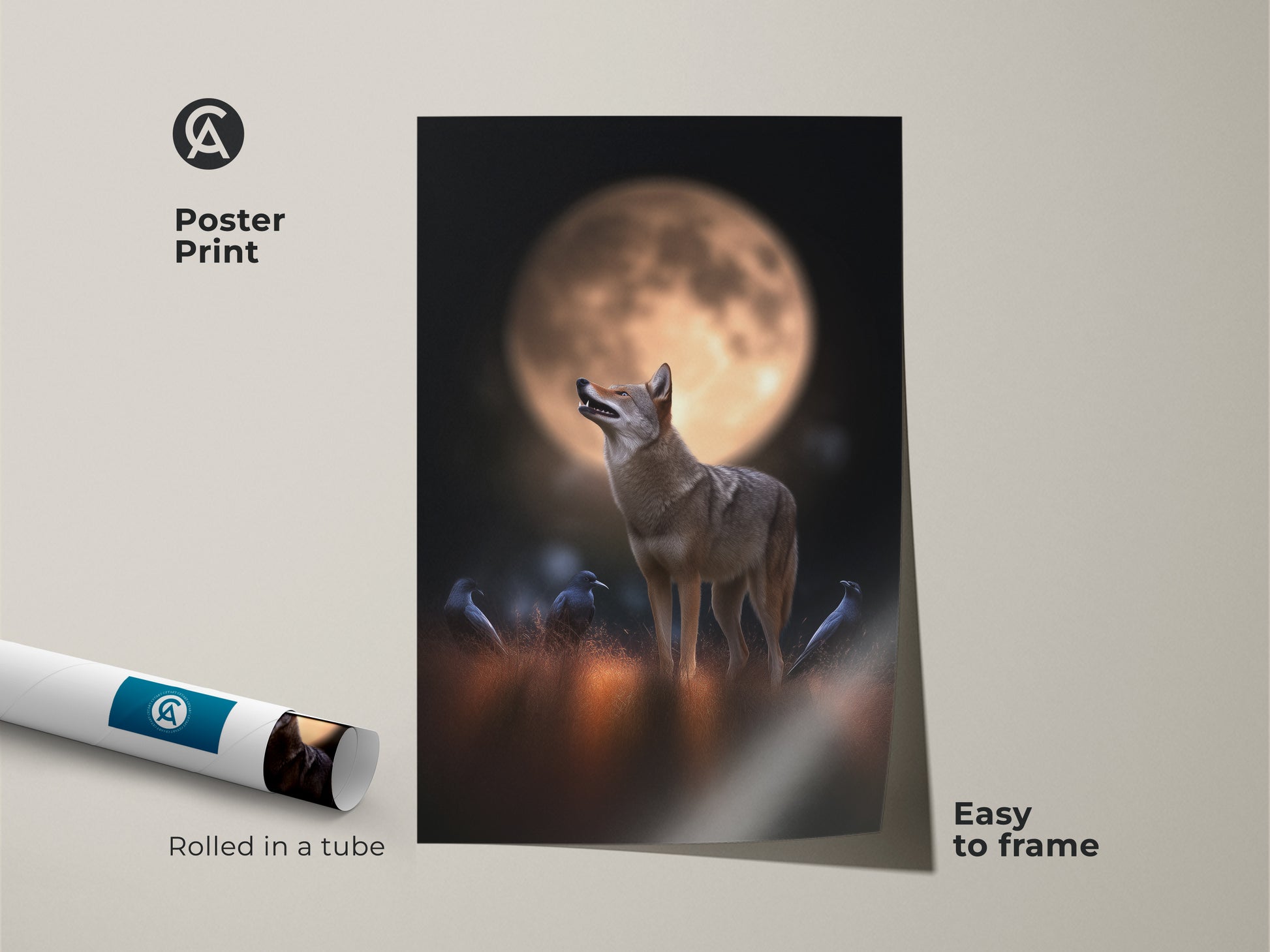 Poster print shows a coyote and crows under a moon. Easy to frame this museum-quality paper brings nature indoors. The golden orange hues and dark details create a photorealistic artwork. Rolled in a tube for safe shipping. Perfect rustic wall decor.