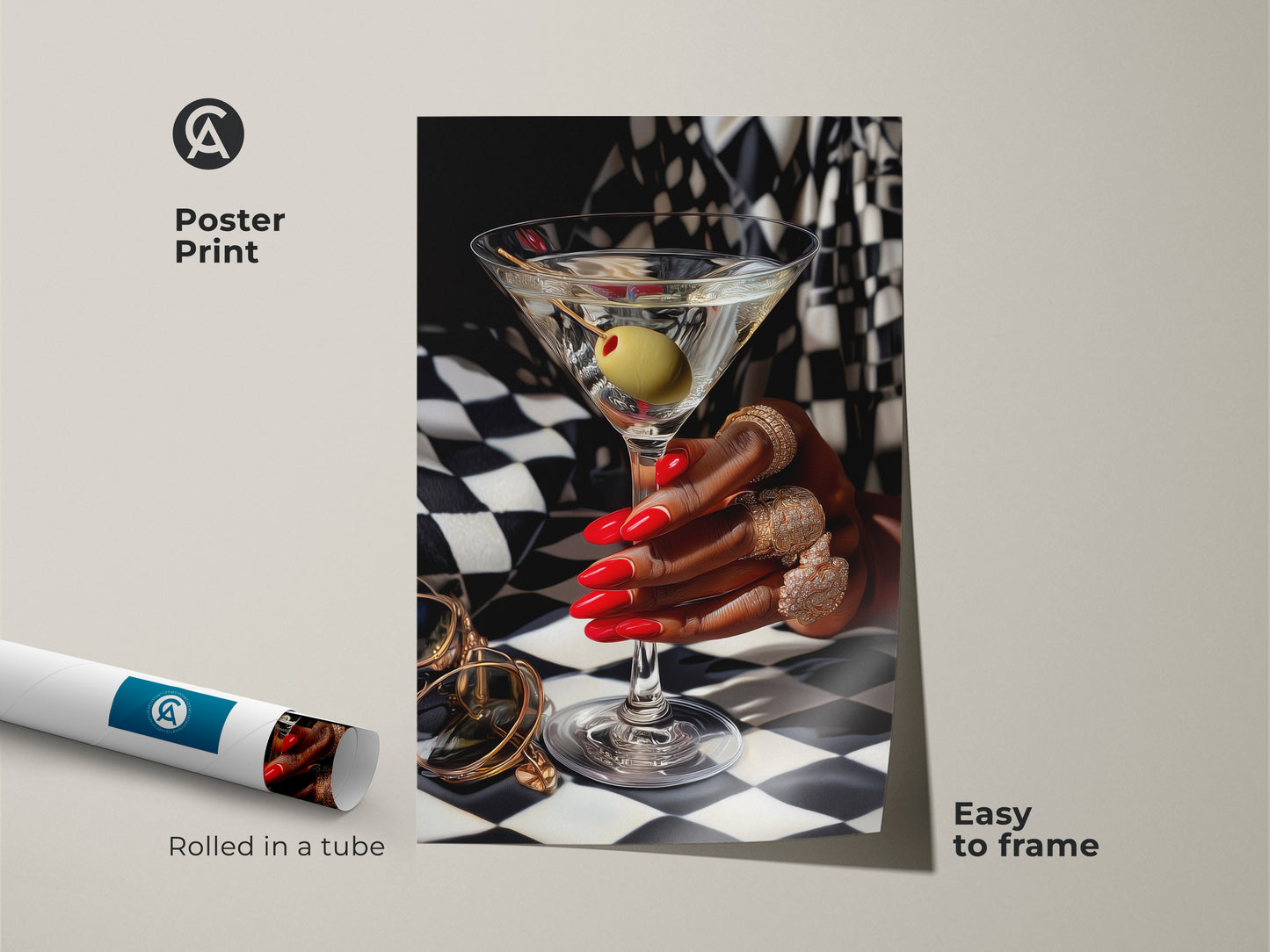 Poster print of martini art with gold jewelry. Art deco-inspired cocktail artwork features red nails and gold rings against a black and white checkered background. Contemporary bar decor perfect for a luxury home bar. This glamorous wall art is an ideal gift for cocktail lovers easy to frame.