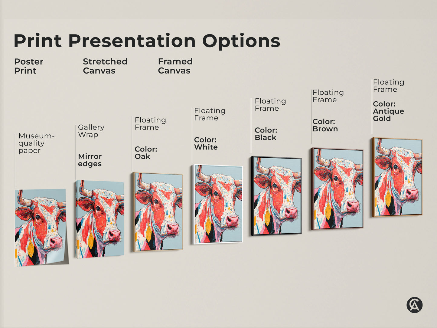 Explore print presentation options for the colorful cow artwork. Choose from poster print stretched canvas or framed canvas. Options include black brown antique gold and white frames. Find the perfect art.