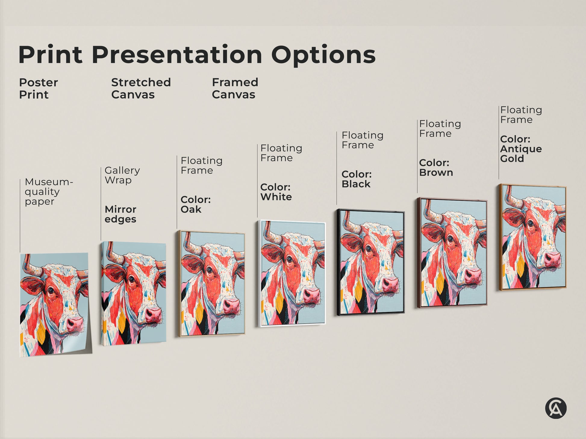 Explore print presentation options for the colorful cow artwork. Choose from poster print stretched canvas or framed canvas. Options include black brown antique gold and white frames. Find the perfect art.