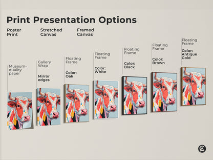 Explore print presentation options for the colorful cow artwork. Choose from poster print stretched canvas or framed canvas. Options include black brown antique gold and white frames. Find the perfect art.