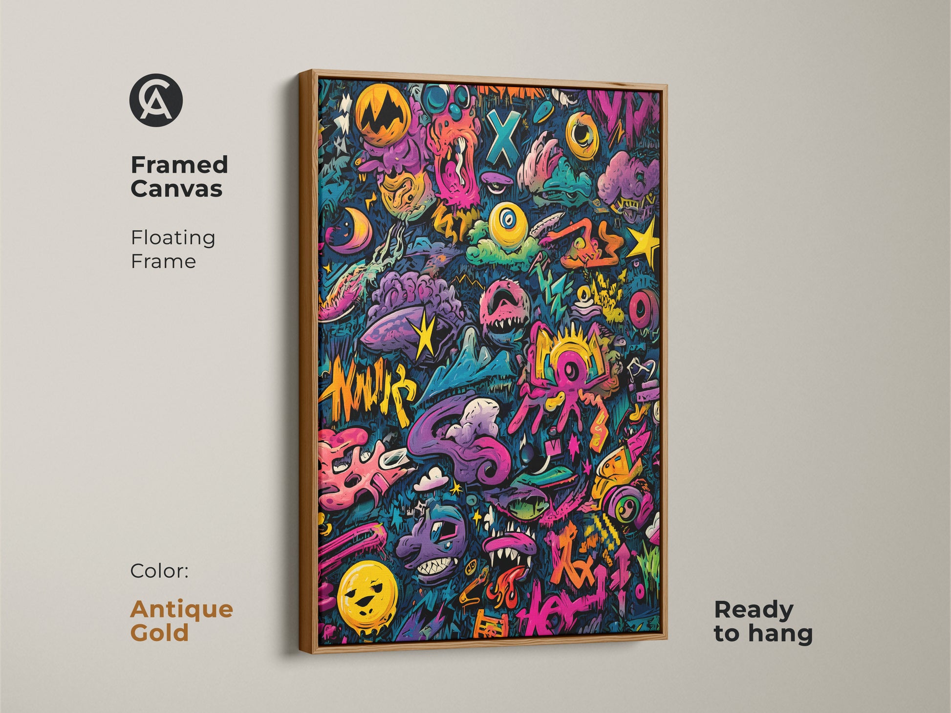 Framed canvas art with an antique gold floating frame. The graffiti artwork is full of colorful characters and shapes. This ready-to-hang piece adds a touch of elegance to any space. The gold frame complements the vibrant colors beautifully.