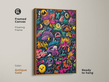 Framed canvas art with an antique gold floating frame. The graffiti artwork is full of colorful characters and shapes. This ready-to-hang piece adds a touch of elegance to any space. The gold frame complements the vibrant colors beautifully.