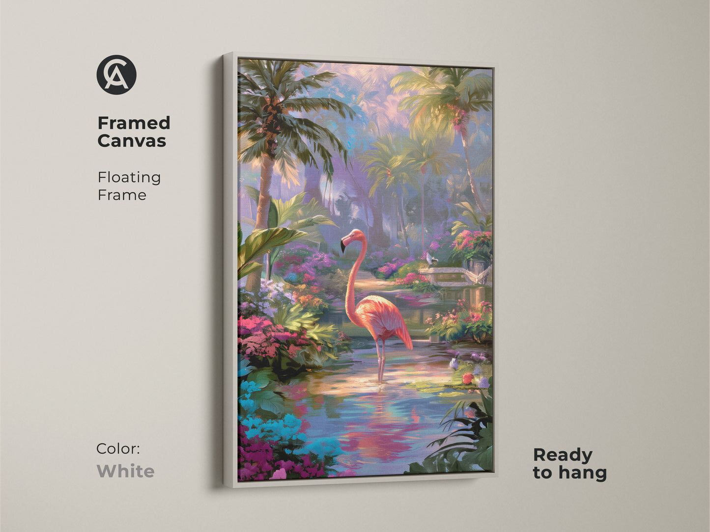 Framed canvas of a flamingo artwork. The floating white frame complements the coastal bird art. It's ready to hang. This serene tropical scene brings a relaxing vibe. The exotic flora and fauna art is vibrant.